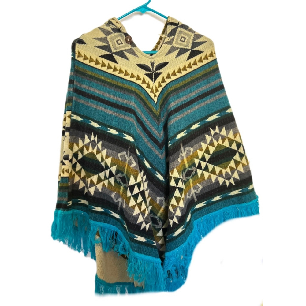 Warm Women's Handcrafted Poncho, One Size, Teal Cream Black